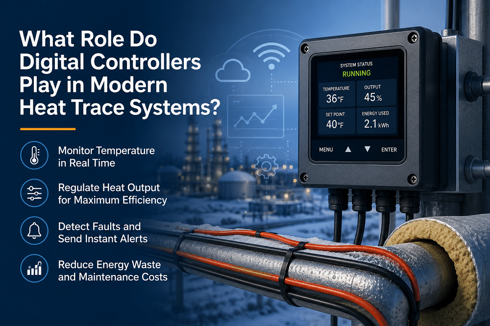 Digital heat trace controller monitoring temperature and heat output on an insulated pipe in a modern winter facility.